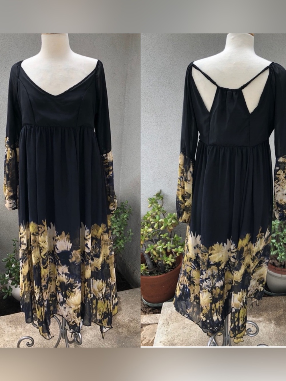 Boho black green chiffon maxi dress sz M L by Vicky and Lucas polyester